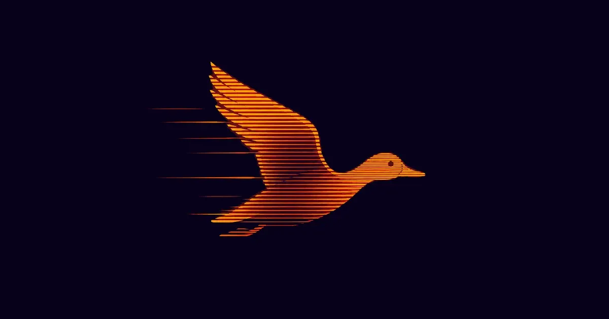 A duck in flight rendered in the GitHits brand style, evoking DuckDB